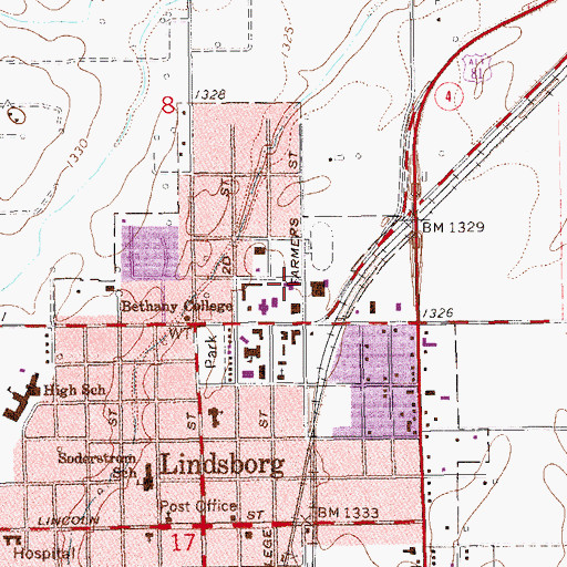 Topographic Map of Bethany College Warner Hall, KS