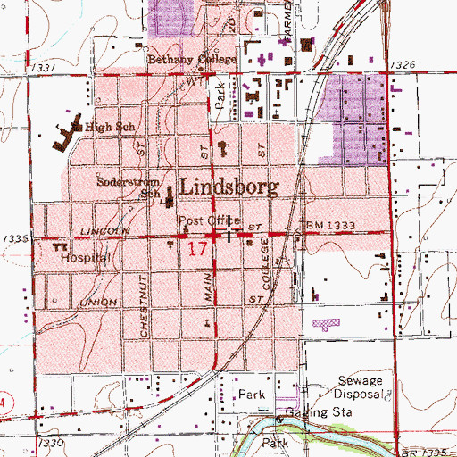 Topographic Map of Lindsborg Post Office, KS