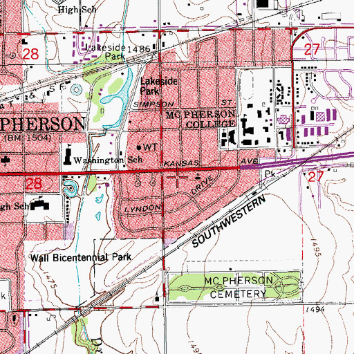 Topographic Map of McPherson First United Methodist Church, KS