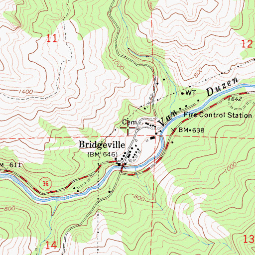 Topographic Map of Bridgeville Cemetery, CA