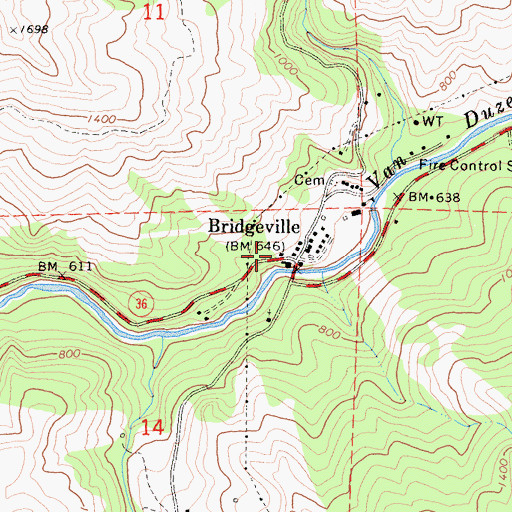 Topographic Map of Bridgeville Post Office, CA