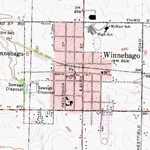 Topographic Map of Winnebago Village Hall, IL