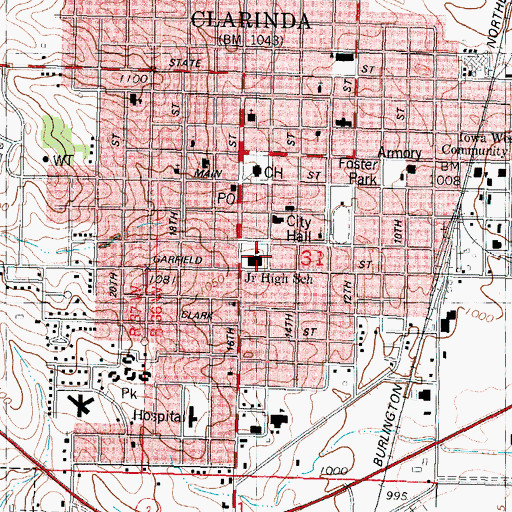 Topographic Map of Site of First School Building in Clarinda Historical Marker, IA