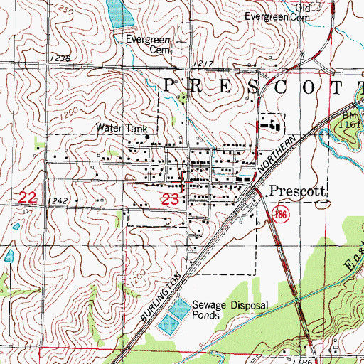 Topographic Map of Prescott Community Park, IA