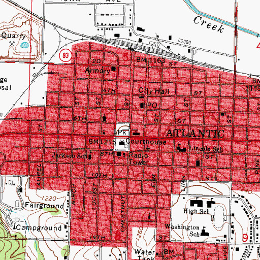Topographic Map of Site of First House in Atlantic Historical Marker, IA