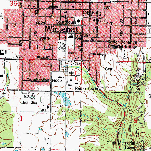 Topographic Map of Bevington-Kaser House and Prairie Village Historical Complex, IA
