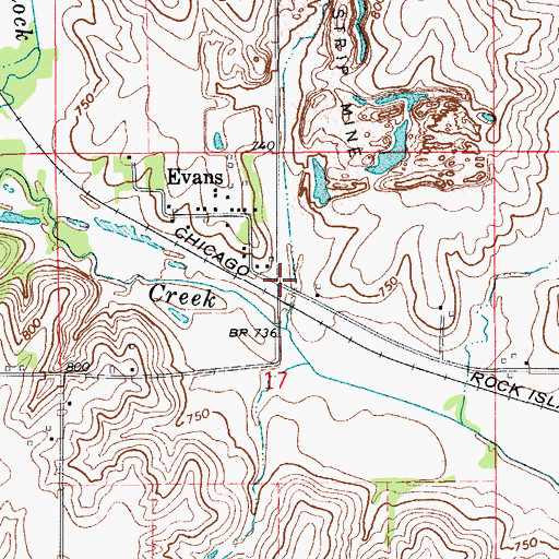 Topographic Map of Evans (historical), IA