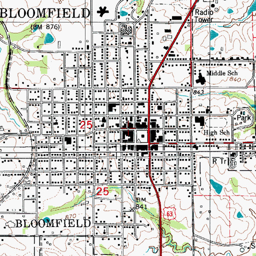 Topographic Map of Bloomfield Post Office, IA