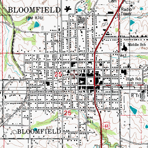Topographic Map of Bloomfield Public Library, IA