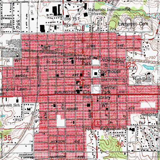 Topographic Map of Fairfield Fire Department, IA