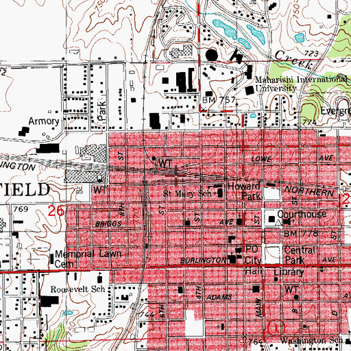Topographic Map of Fairfield, IA