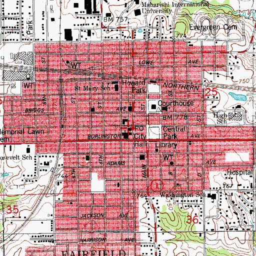 Topographic Map of Fairfield Post Office, IA