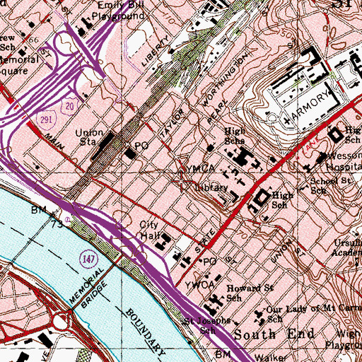 Topographic Map of Downtown Springfield Railroad District, MA