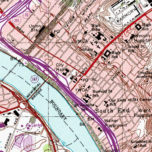 Topographic Map of Hampden County Courthouse, MA