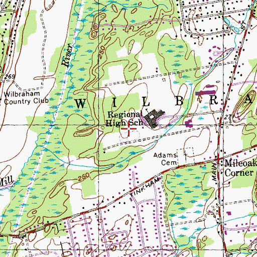 Topographic Map of Minnechaug Regional High School, MA