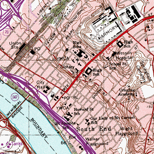 Topographic Map of Springfield Central Library, MA