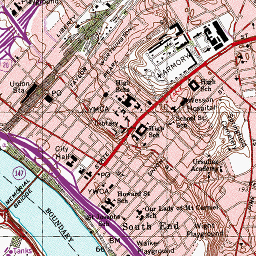 Topographic Map of Springfield City Library, MA