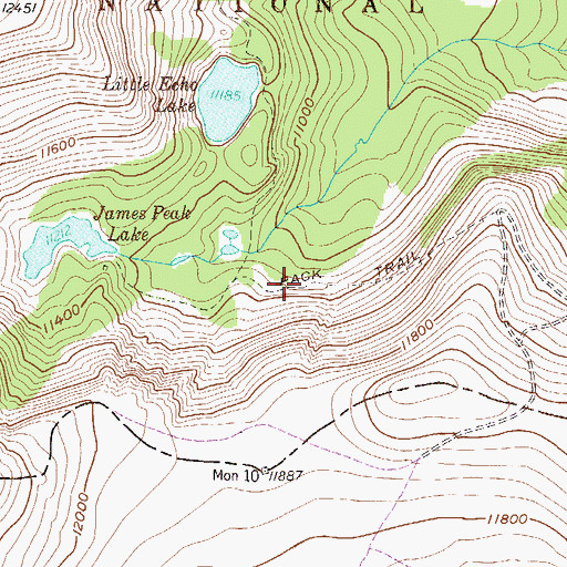 Topographic Map of James Peak Lake Trail, CO