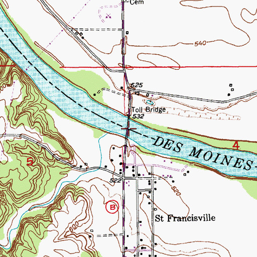 Topographic Map of Saint Francisville Bridge, IA