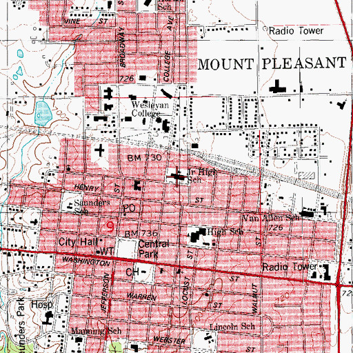 Topographic Map of Mount Pleasant Middle School, IA