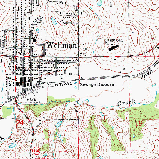 Topographic Map of Wellman Volunteer Fire Department, IA