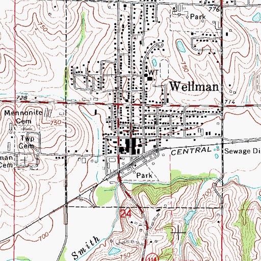 Topographic Map of Wellman City Hall, IA