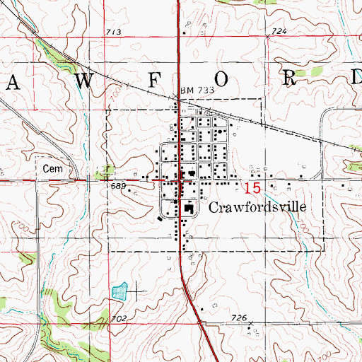 Topographic Map of Crawfordsville Post Office, IA