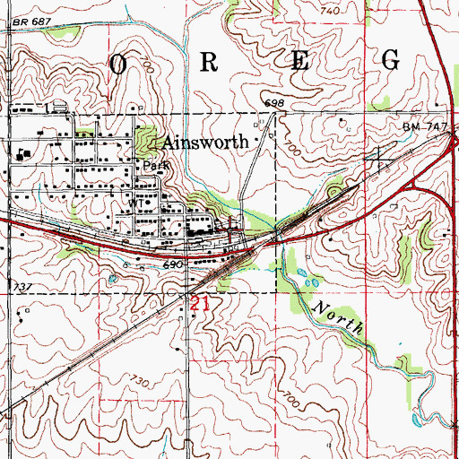 Topographic Map of Ainsworth Town Hall, IA