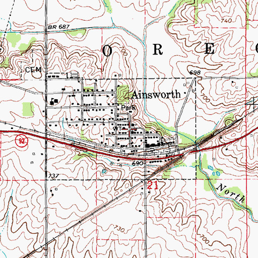 Topographic Map of Ainsworth Community Church, IA