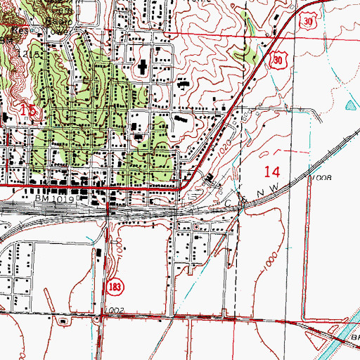 Topographic Map of United Western Co-op Elevator, IA