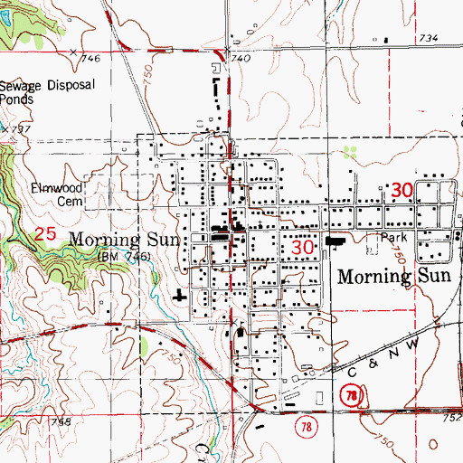 Topographic Map of Morning Sun City Hall, IA