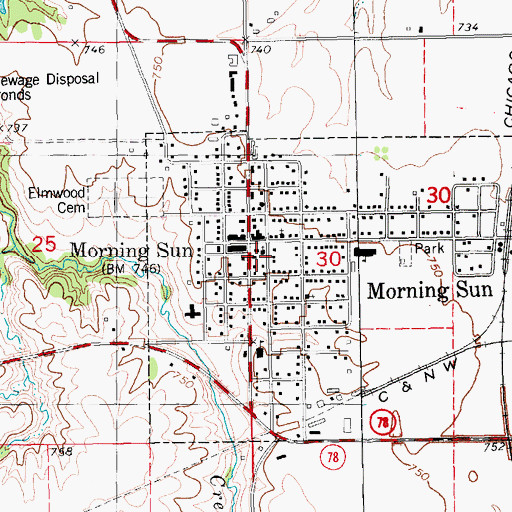 Topographic Map of Morning Sun Post Office, IA