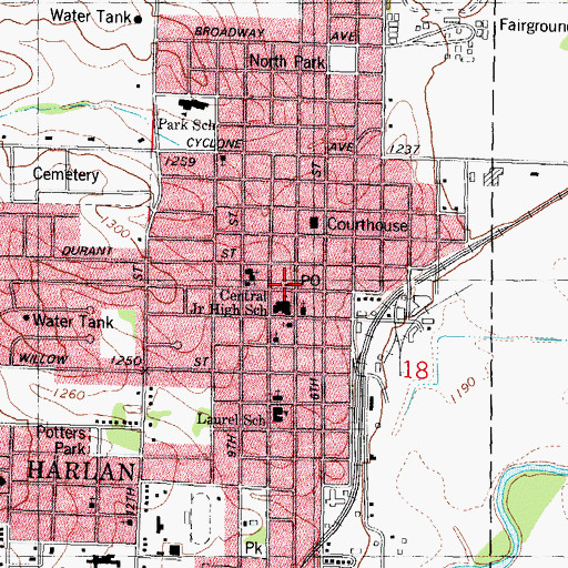 Topographic Map of Harlan Post Office, IA