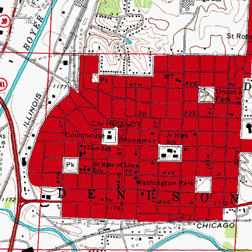 Topographic Map of Denison Post Office, IA