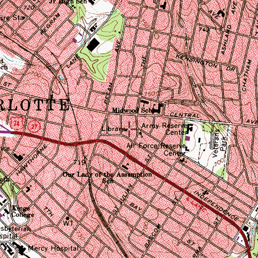 Topographic Map of Public Library of Charlotte and Mecklenburg County - Plaza Midwood Branch, NC