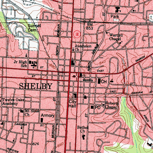 Topographic Map of Cleveland County Courthouse, NC