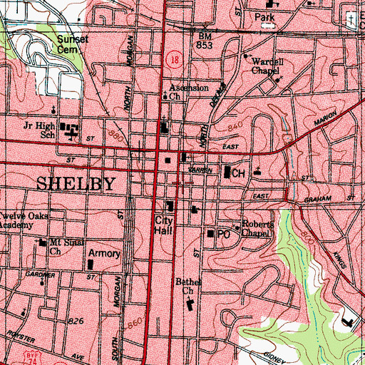 Topographic Map of Central Shelby Historic District, NC