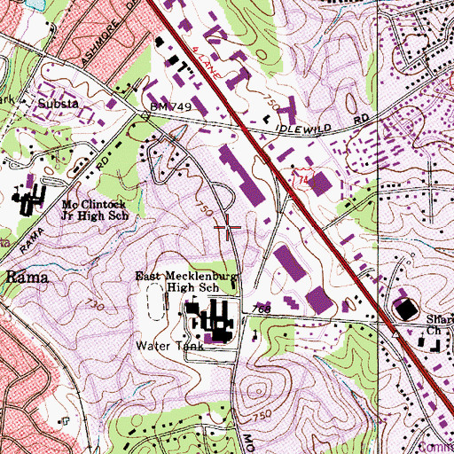 Topographic Map of Charlotte Fire Department Station 3, NC