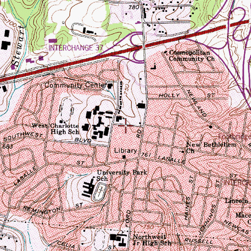 Topographic Map of Charlotte Fire Department Station 18, NC