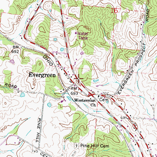 Topographic Map of Evergreen Post Office (historical), OH