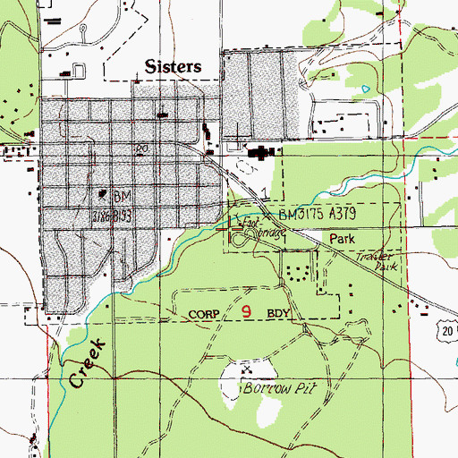 Topographic Map of Three Sisters Overnight City Park, OR