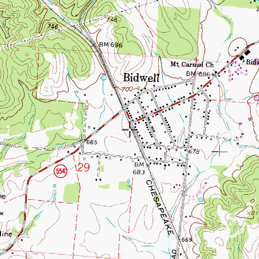 Topographic Map of Bidwell Post Office, OH