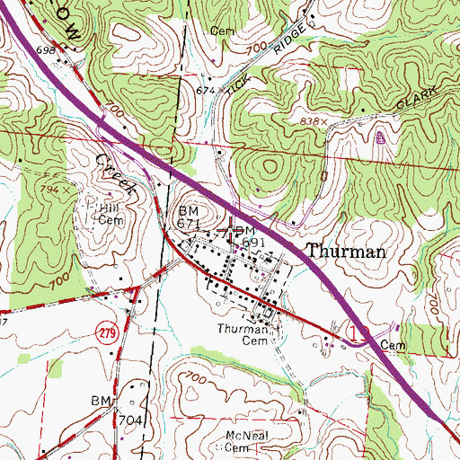 Topographic Map of Thurman Post Office, OH