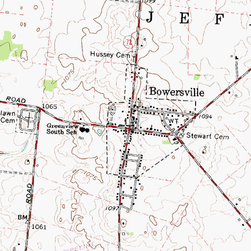Topographic Map of Bowersville Post Office, OH