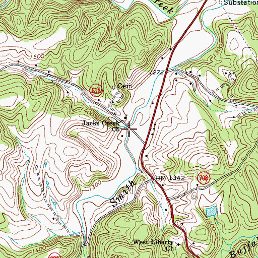 Topographic Map of Jack's Creek Covered Bridge, VA