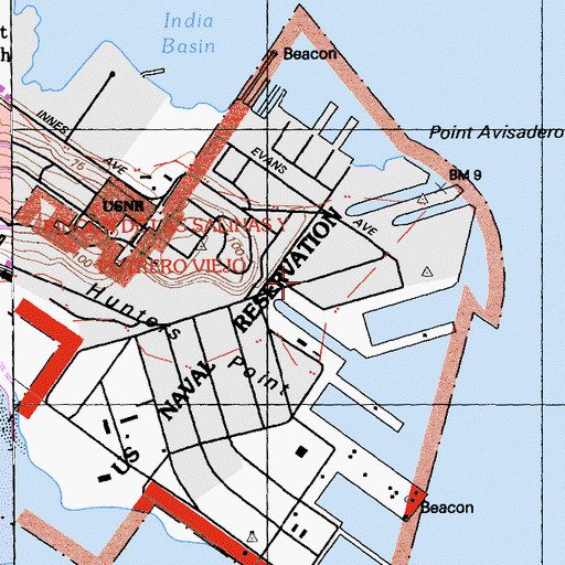 Topographic Map of Hunters Point Naval Shipyard (historical), CA