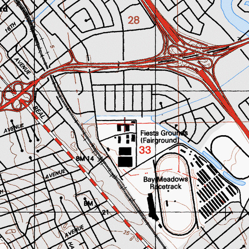 Topographic Map of Bay Meadows Airport (historical), CA
