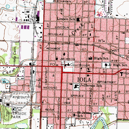 Topographic Map of Allen County Courthouse, KS