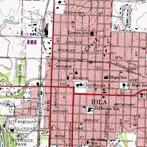 Topographic Map of Iola Memorial Hall, KS