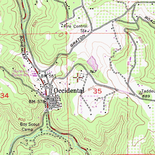 Topographic Map of Druids Occidental Cemetery, CA